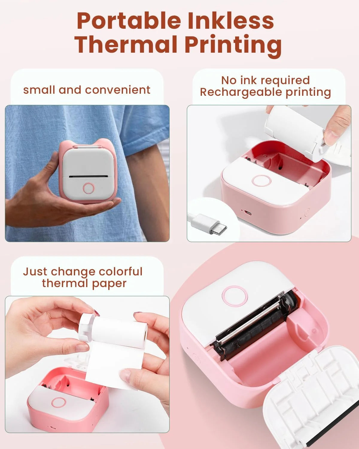 T02 Máquina Portátil Para Hacer Etiquetas, Mini Impresora De Stickers, Máquina Para Hacer Etiquetas Sin Tinta Con Bluetooth, Impresora Móvil Para Notas De Estudio, Regalo Para Niños, Fotos, Diarios, Tareas (Rosa)