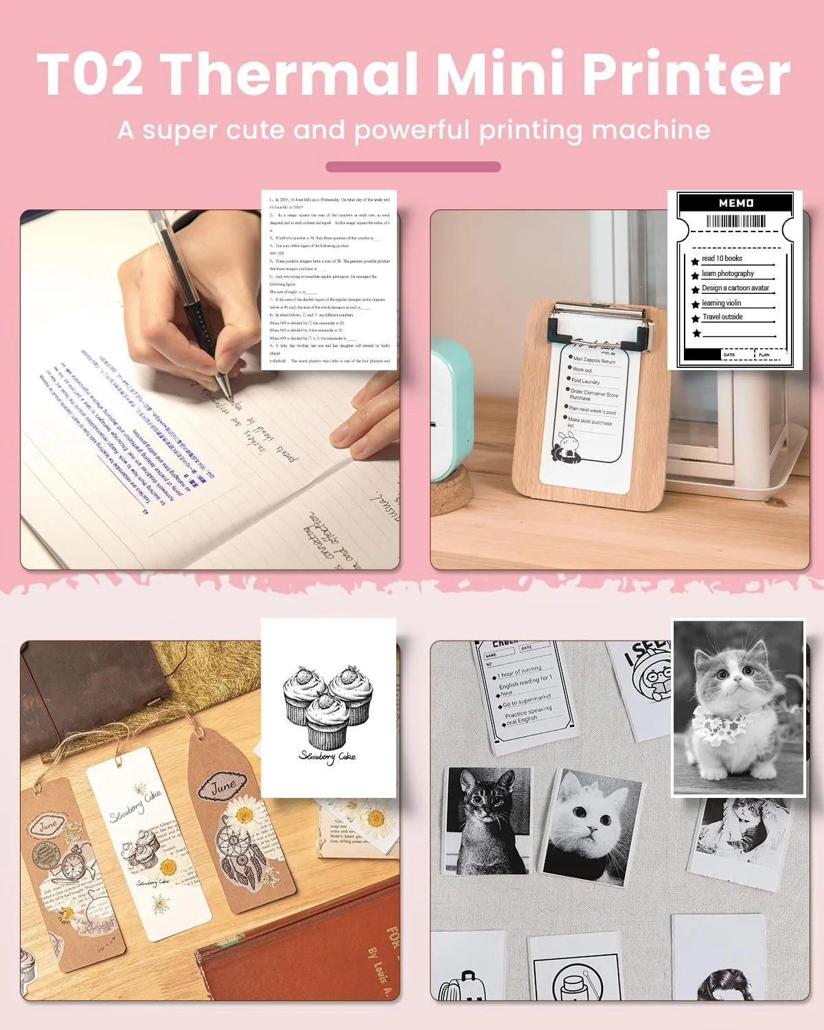 T02 Máquina Portátil Para Hacer Etiquetas, Mini Impresora De Stickers, Máquina Para Hacer Etiquetas Sin Tinta Con Bluetooth, Impresora Móvil Para Notas De Estudio, Regalo Para Niños, Fotos, Diarios, Tareas (Rosa)